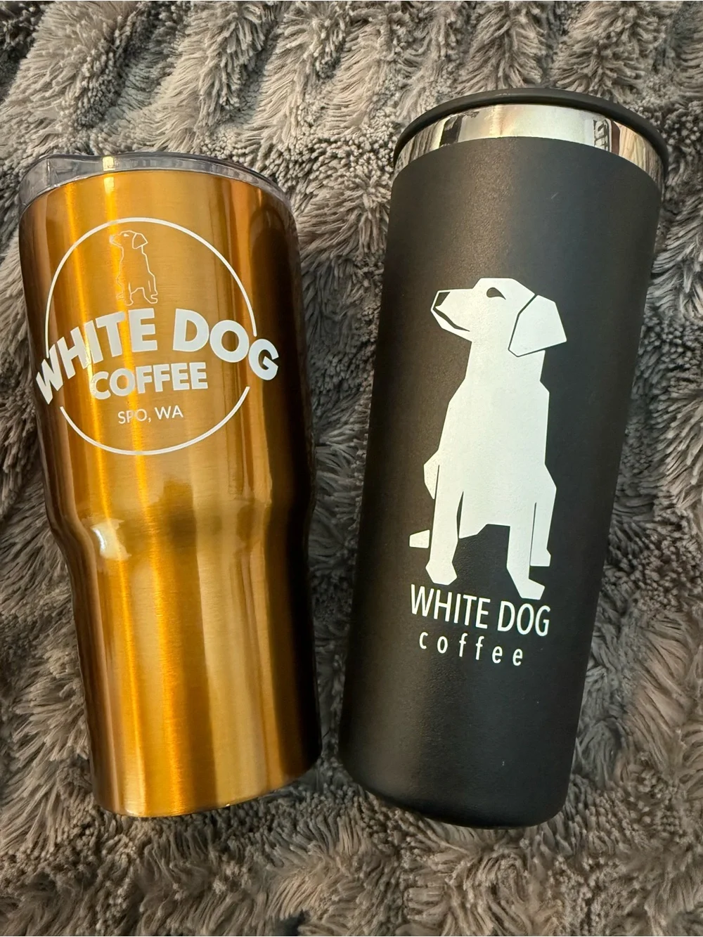 White Dog Coffee Insulated Travel Tumbler - Black and Gold Set